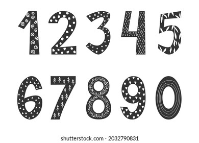 Hand drawn numbers in Scandinavian boho style. Cute cartoon symbols for banners, nursery design, postcards. Clipart isolated in white background. Vector illustration.