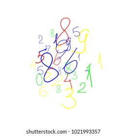 Hand drawn numbers. Scribbled handwritten numbers for  card, poster, banner. Vector background with color numbers in primitive style. Simple pattern for your design.