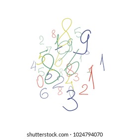 Hand drawn numbers. .  Scribbled handwritten numbers for  card, poster, banner. Vector background with color numbers in primitive style. Simple pattern for your design.