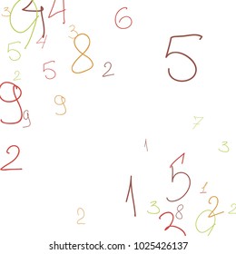 Hand drawn numbers. .  Scribbled handwritten numbers for  card, poster, banner. Vector background with color numbers in primitive style. Simple pattern for your design.