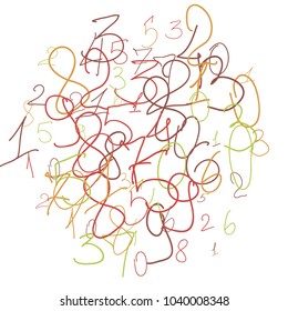 Hand drawn numbers. .  Scribbled handwritten numbers for  card, poster, banner. Vector background with color numbers in primitive style. Simple pattern for your design.