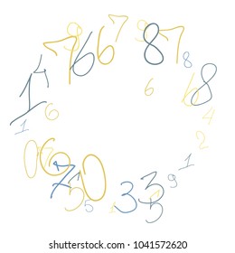 Hand drawn numbers. .  Scribbled handwritten numbers for  card, poster, banner. Vector background with color numbers in primitive style. Simple pattern for your design.