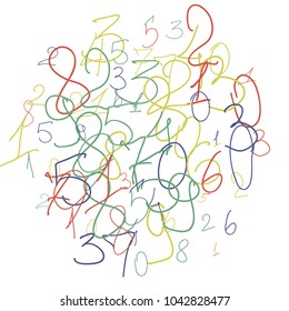 Hand drawn numbers. .  Scribbled handwritten numbers for  card, poster, banner. Vector background with color numbers in primitive style. Simple pattern for your design.