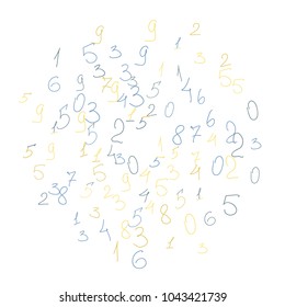 Hand drawn numbers. .  Scribbled handwritten numbers for  card, poster, banner. Vector background with color numbers in primitive style. Simple pattern for your design.