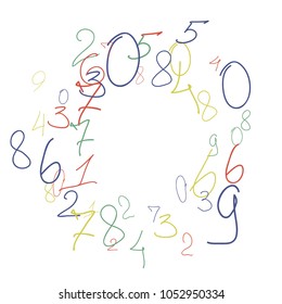 Hand drawn numbers. Scribbled handwritten numbers for  card, poster, banner. Vector background with color numbers in primitive style. Simple pattern for your design.
