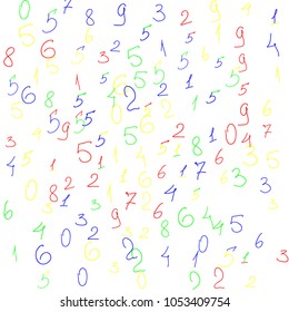 Hand drawn numbers. .  Scribbled handwritten numbers for  card, poster, banner. Vector background with color numbers in primitive style. Simple pattern for your design.