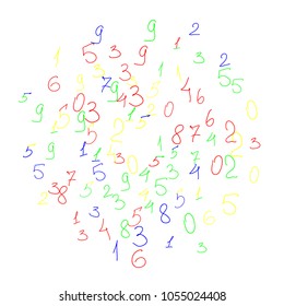 Hand drawn numbers. .  Scribbled handwritten numbers for  card, poster, banner. Vector background with color numbers in primitive style. Simple pattern for your design.