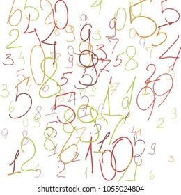 Hand drawn numbers. .  Scribbled handwritten numbers for  card, poster, banner. Vector background with color numbers in primitive style. Simple pattern for your design.