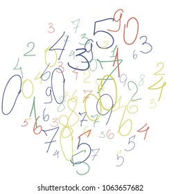 Hand drawn numbers. .  Scribbled handwritten numbers for  card, poster, banner. Vector background with color numbers in primitive style. Simple pattern for your design.