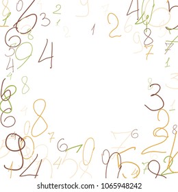 Hand drawn numbers. .  Scribbled handwritten numbers for  card, poster, banner. Vector background with color numbers in primitive style. Simple pattern for your design.