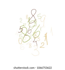 Hand drawn numbers. .  Scribbled handwritten numbers for  card, poster, banner. Vector background with color numbers in primitive style. Simple pattern for your design.