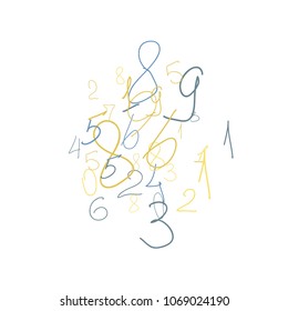 Hand drawn numbers. .  Scribbled handwritten numbers for  card, poster, banner. Vector background with color numbers in primitive style. Simple pattern for your design.