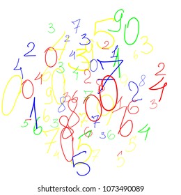 Hand drawn numbers. .  Scribbled handwritten numbers for  card, poster, banner. Vector background with color numbers in primitive style. Simple pattern for your design.