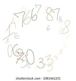 Hand drawn numbers. .  Scribbled handwritten numbers for  card, poster, banner. Vector background with color numbers in primitive style. Simple pattern for your design.