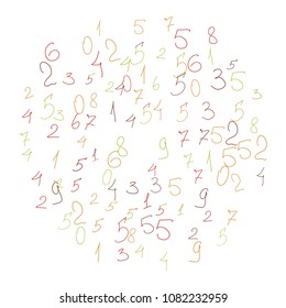 Hand drawn numbers. Scribbled handwritten numbers for  card, poster, banner. Vector background with color numbers in primitive style. Simple pattern for your design.