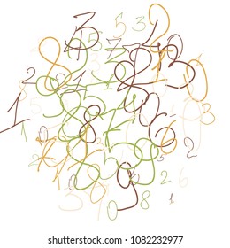 Hand drawn numbers. .  Scribbled handwritten numbers for  card, poster, banner. Vector background with color numbers in primitive style. Simple pattern for your design.
