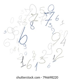 Hand drawn numbers. .  Scribbled handwritten numbers for  card, poster, banner. Vector background with color numbers in primitive style. Simple pattern for your design.