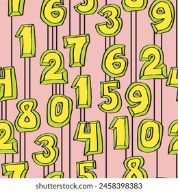 Números dibujados a mano patrón de Vector sin fisuras para el fondo digital, el Fondo de pantalla y la impresión textil. Dibujo de dibujos animados. Educación y finanzas, letras escolares matemáticas.
