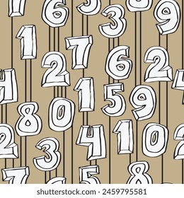 Números dibujados a mano patrón de Vector sin fisuras para el fondo digital, el Fondo de pantalla y la impresión textil. Dibujo de dibujos animados. Educación y finanzas, letras escolares matemáticas.