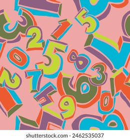 Hand drawn numbers seamless vector pattern for digital background, wallpaper and textile print. Cartoon style drawing. Education and finance theme, school lettering mathematic.