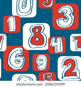 Patrón de Vector sin fisuras de números dibujados a mano para fondo digital, Fondo de pantalla e impresión textil. Dibujo de estilo de dibujos animados. Tema de Educación y finanzas, matemática de letras escolares.