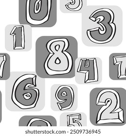 Patrón de Vector sin fisuras de números dibujados a mano para fondo digital, Fondo de pantalla e impresión textil. Dibujo de estilo de dibujos animados. Tema de Educación y finanzas, matemática de letras escolares.