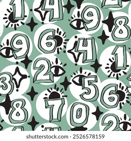 Hand drawn numbers seamless vector pattern for digital background, wallpaper and textile print. Cartoon style drawing. Education and finance theme, school lettering mathematic.