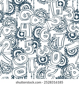 Hand drawn numbers seamless vector pattern for digital background, wallpaper and textile print. Cartoon style drawing. Education and finance theme, school lettering mathematic.