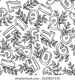 Números desenhados à mão padrão vetor sem costura para fundo digital, papel de parede e impressão têxtil. Desenho em estilo de desenho animado. Educação e tema financeiro, letras escolares matemáticas.
