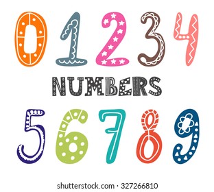Hand drawn numbers set. Collection of cute colorful numbers. Vector illustration