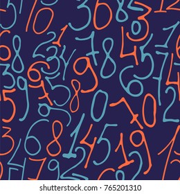 Hand drawn numbers. Stock vector illustration of a seamless pattern from numerical elements in blue and red.