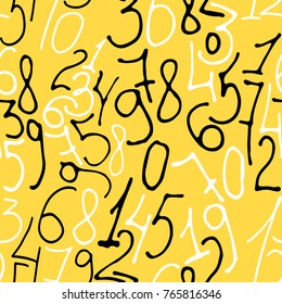 Hand drawn numbers. Stock vector illustration of a seamless pattern from numerical elements in black and white on black background.