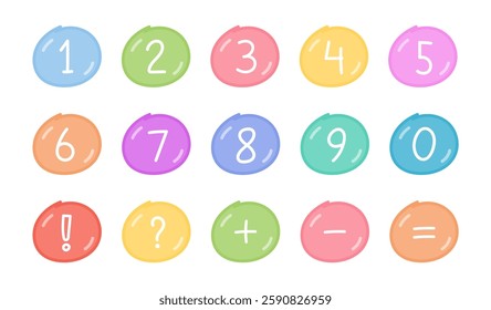 Hand drawn numbers and symbols in colored cartoon circles, vector eps10 illustration