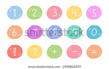 Hand drawn numbers and symbols in colored cartoon circles, vector eps10 illustration