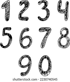 Hand drawn numbers from Zero to Nine. Black simple line with strokes. Vector art