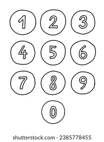 Hand drawn numbers from zero to nine in round borders. Vector black line illustration isolated on white background.