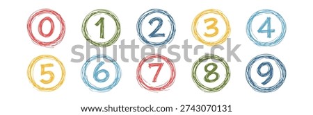Hand drawn numbers from zero to nine in sketch circle frames. Colorful doodle style digits isolated on white background, perfect for kids education, posters and creative design.