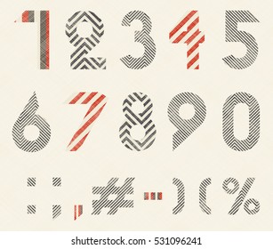 Hand drawn numeral and mathematics signs with geometric pattern in retro colors on texture background. Vector illustration