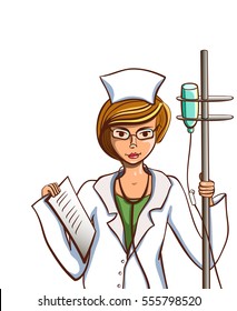 Hand drawn nurse with dropper isolated on white background. Vector illustration