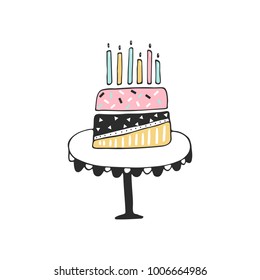 Hand drawn nursery birthday poster with garland and cake in scandinavian style. Monochrome kids vector illustration.