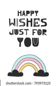 Hand drawn nursery birthday poster with rainbow in scandinavian style. Monochrome kids vector illustration.