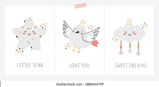 Hand drawn nursery card set. Star, Little bird with crown, cloud. Cute baby illustrations with lettering. Love you, Sweet dreams, little star. Childish print for greeting card, poster, decoration