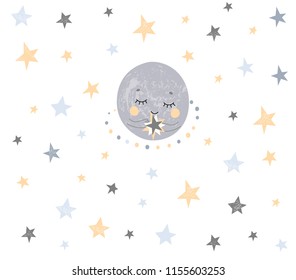 Hand drawn nursery kids poster with cute little stars and moon in scandinavian style with doodles elements in grey yellow monochrome blue color