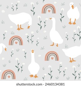 Hand drawn nursery pattern with cute cartoon goose, flowers, and rainbows. Seamless pattern