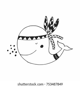 Hand drawn nursery poster with cute whale in scandinavian style. Vector illustration.