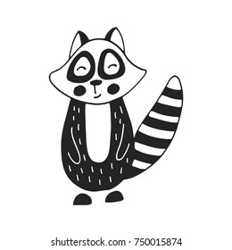 Hand drawn nursery poster with raccoon animal in scandinavian style.Black and white vector illustration.