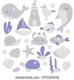 hand drawn nursery vector collection with sea animals