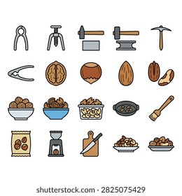 Hand drawn nut processing and food preparation icons set featuring nutcrackers, hammers, almonds, walnuts, pistachios, peanuts, bowls, grinder, chopping tools and assorted nuts.