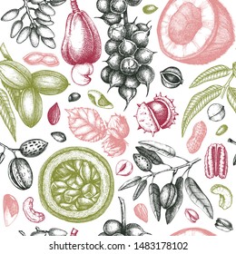 Hand drawn nut trees and plants background. With vector pecan, macadamia, hazelnut,walnut, almond, pistachio, chestnut, peanut, brazil nut, hazelnut, coconut and cashew. Healthy food seamless pattern