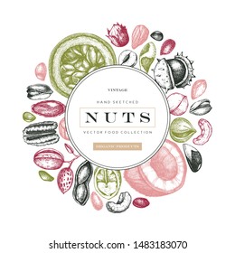 Hand drawn nut wreath design. With vector pecan, macadamia, hazelnut,walnut, almond, pistachio, chestnut, peanut, brazil nut, hazelnut, coconut and cashew. Healthy food vector template